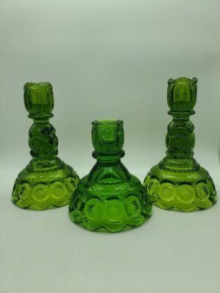 3 Vintage Le Smith Stars And Moon Avocado Green Glass Candle Stick Holder Pillar