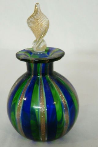 Vintage Murano Art Glass Ribbon Blue Green Gold Perfume Bottle Stopper