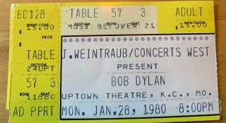 1980 Bob Dylan Uptown Theatre Kansas City Mo 1/28/80 Concert Ticket Stub Kc