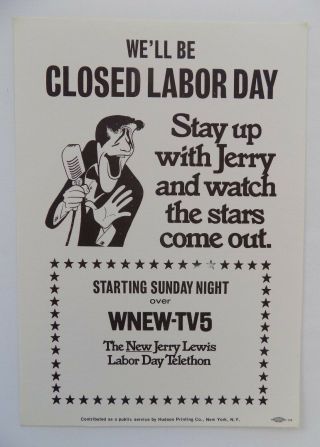 Jerry Lewis Mda Telethon Closed Store Sign Hirschfeld Wnew Tv Vintage Htf Rare