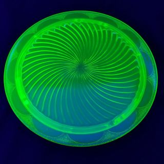 Vintage Green Uranium Glass Footed Depression Cake Plate Swirl
