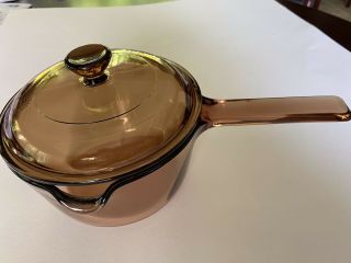 Corning Visions Amber 1 Liter Sauce Pan With Pour Spout And Lid.  Usa.