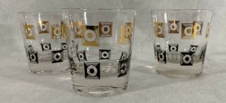 Set Of 3 Vintage Mid Century Gold And Black Rocks Glasses Mcm Bar Ware Scotch