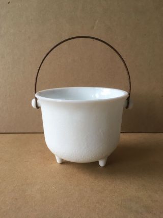 Vintage Milk Glass 3 - Footed Cauldron W/copper Handle,  4 1/4 " Diameter,  3 3/8 " Ht
