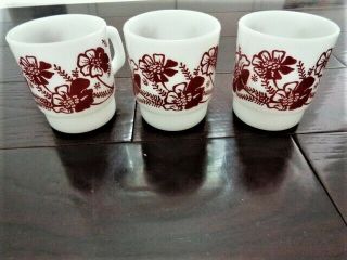 Set Of 3 Vtg Anchor Hocking Mugs Cups Brown Floral Flower Milk Glass Made In Usa
