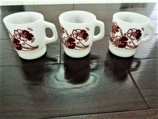 Set of 3 Vtg Anchor Hocking Mugs Cups Brown Floral Flower Milk Glass Made in USA 2
