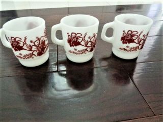 Set of 3 Vtg Anchor Hocking Mugs Cups Brown Floral Flower Milk Glass Made in USA 3