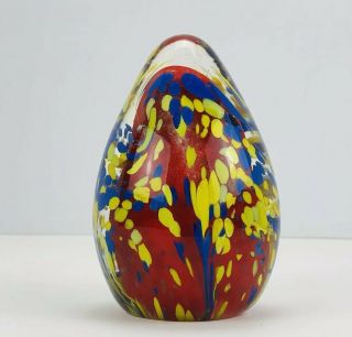 Vintage Large Egg Shape Hand Blown Glass Paper Weight - Red Blue And Yellow