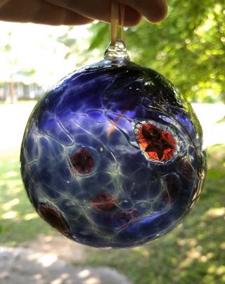 Deep Purple 4” Hand Blown Art Glass Ornament With Red Stars -