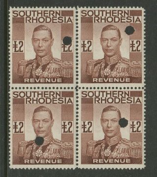 Southern Rhodesia 1937 £2 Revenue Perforated Proof Block Of Four Mnh.