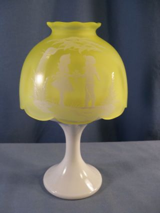 Westmoreland Glass Fairy Lamp Milk Glass Base Yellow Mary Gregory Painted Shade