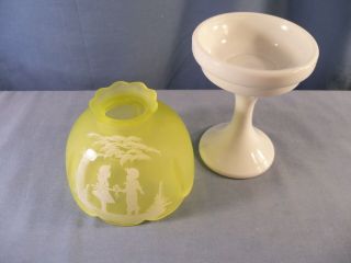 Westmoreland Glass Fairy Lamp Milk Glass Base Yellow Mary Gregory Painted Shade 2