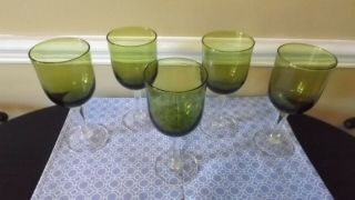 Vintage Olive Green Wine Glasses With Clear Stems Set Of 5 1970s