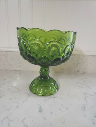 Vintage L.  E.  Smith Green Glass Compote Moon And Stars Footed Candy Bowl Dish