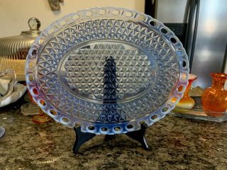 Vintage Imperial Glass “katy Blue” Lace Edge Opalescent Oval Plate.  13”x10”