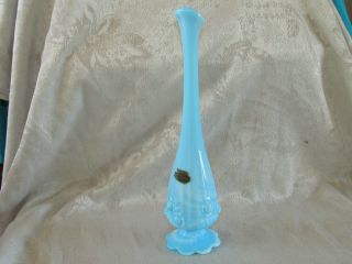 Vintage Fenton Cabbage Rose Milk Glass Bud Vase 11 " Footed Blue White Exc
