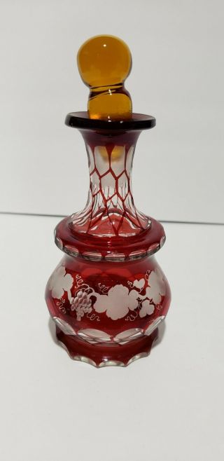 Vintage Bohemian Ruby Red Cut To Clear Grapes Pattern Vase Cruet Perfume Bottle