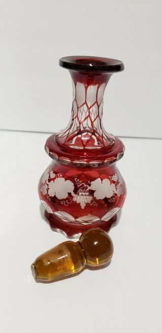 Vintage Bohemian Ruby Red Cut To Clear Grapes Pattern Vase Cruet Perfume Bottle 2