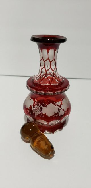 Vintage Bohemian Ruby Red Cut To Clear Grapes Pattern Vase Cruet Perfume Bottle 3