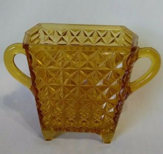 Rare Vintage Honey Amber Glass Block Diamond Pattern Footed Rectangle Sugar Bowl