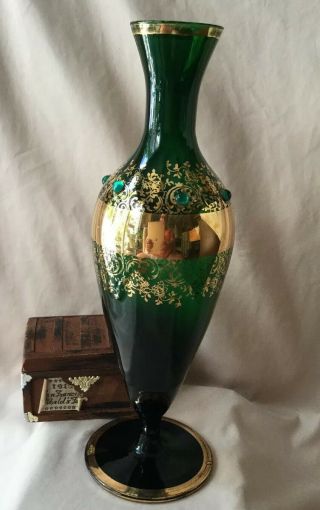 Vintage Bohemian Czech Art Glass 9 1/2 In Vase Green W/ Gold Gilt & Jewels