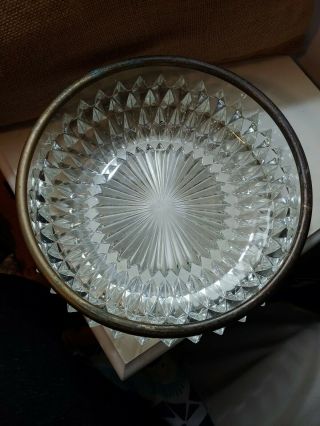 Vintage Retro Heavy Crystal Cut Glass Serving Bowl Silver Plate Rim 8.  5 " Across