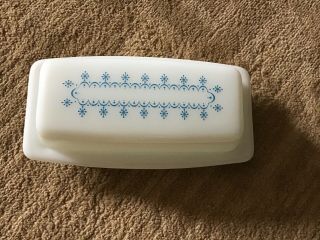 Vintage Pyrex Blue Snowflake Garland Pattern Covered Butter Dish -