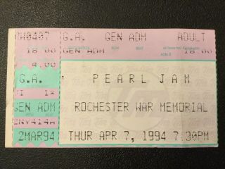 1994 Pearl Jam / Mudhoney Vs.  Tour Rochester York Concert Ticket Stub Ten