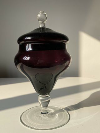 Vintage Italian Empoli Purple Optic Glass Bon Bon Apothecary Jar Genie Jar 1960s