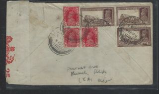 India Cover (p1804b) 1937 Kgvi 4a Trainx3,  1ax3 Censor Postage Due Cover From Bar