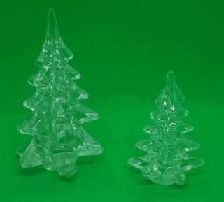 2 Vintage Clear Decorative Glass Christmas Tree Heavy Solid 4 " And 6 "
