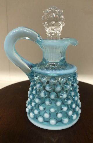 Fenton Blue Opalescent Hobnail Small Cruet With Clear Stopper