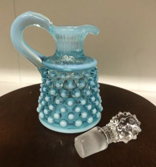 Fenton Blue Opalescent Hobnail Small Cruet with Clear Stopper 3