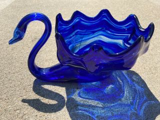 Vintage Cobalt Blue Swirl Murano Style Hand Blown Art Glass Swan Bowl Dish