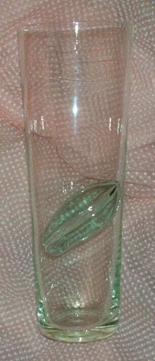 Vintage Blenko 9 " Hand Blown Green Vase With Applied Leaf