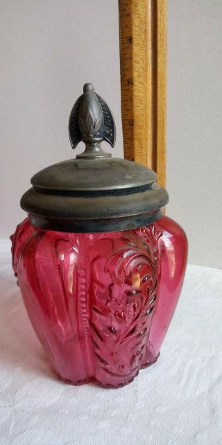 Antique Northwood Leaf Umbrealla Ruby Glass Jar With Lid - Circa 1889