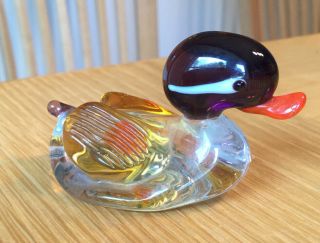 Art Glass Vintage Hand Blown Glass Duck Figurine Purple Yellow Orange