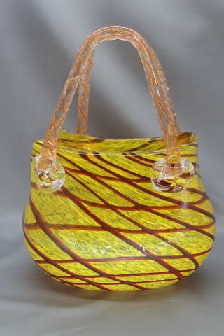 Hand Blown Murano Style Art Glass Purse Vase Yellow With Brown/red Stripes,