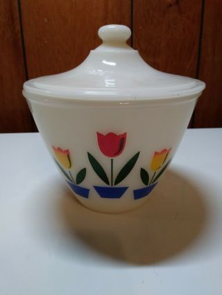 Vintage Fire King Tulips Bowl 5 1/2 " X 4 " Milk Glass Mid Century Modern With Lid