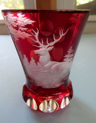 Vintage Cranberry/ruby Red Cut To Clear Etched Glass Stag Forest Bohemian Glass