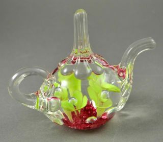 Joe St.  Clair Art Glass Ring Holder Light Green Floral W/ Gold Ruby Teapot