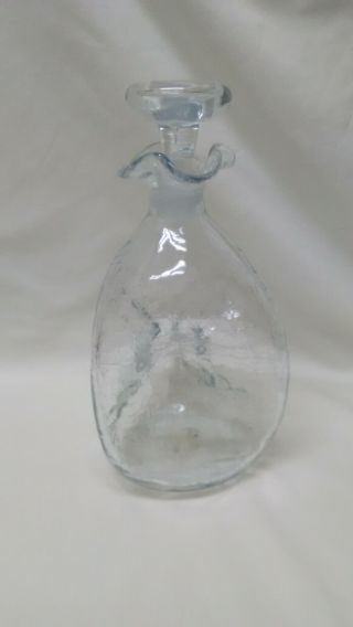Vintage Blenko Clear Pinched Crackle Glass Decanter