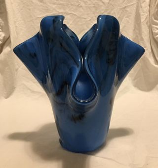 Vintage Blue Black Swirl Slag Art Glass Folded Handkerchief Vase
