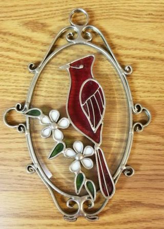Vintage Heavy Stained Glass Hanging Sun Catcher Red Bird Cardinal