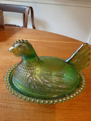 Indiana Carnival Glass Iridescent Lime Green Hen On Nest Vintage Candy Dish