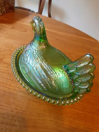 Indiana Carnival Glass Iridescent Lime Green Hen on Nest Vintage Candy Dish 2