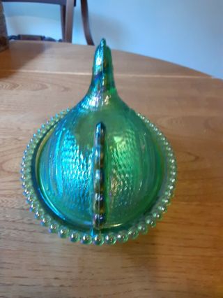 Indiana Carnival Glass Iridescent Lime Green Hen on Nest Vintage Candy Dish 3
