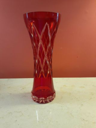 Vintage Bohemian Czech Art Glass Cut To Clear Red Ruby Crystal Vase 10 3/4 "