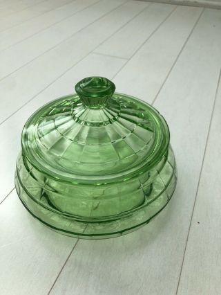 Vintage Anchor Hocking Green Vaseline Glass Block Optic Covered Candy Dish