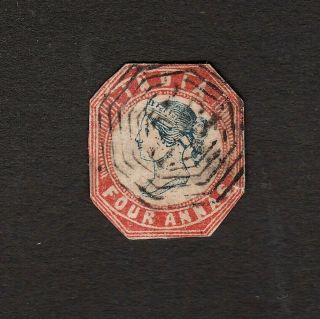 British India 1854 Queen Victoria Four Annas Blue & Red Stamp Cut To Shape